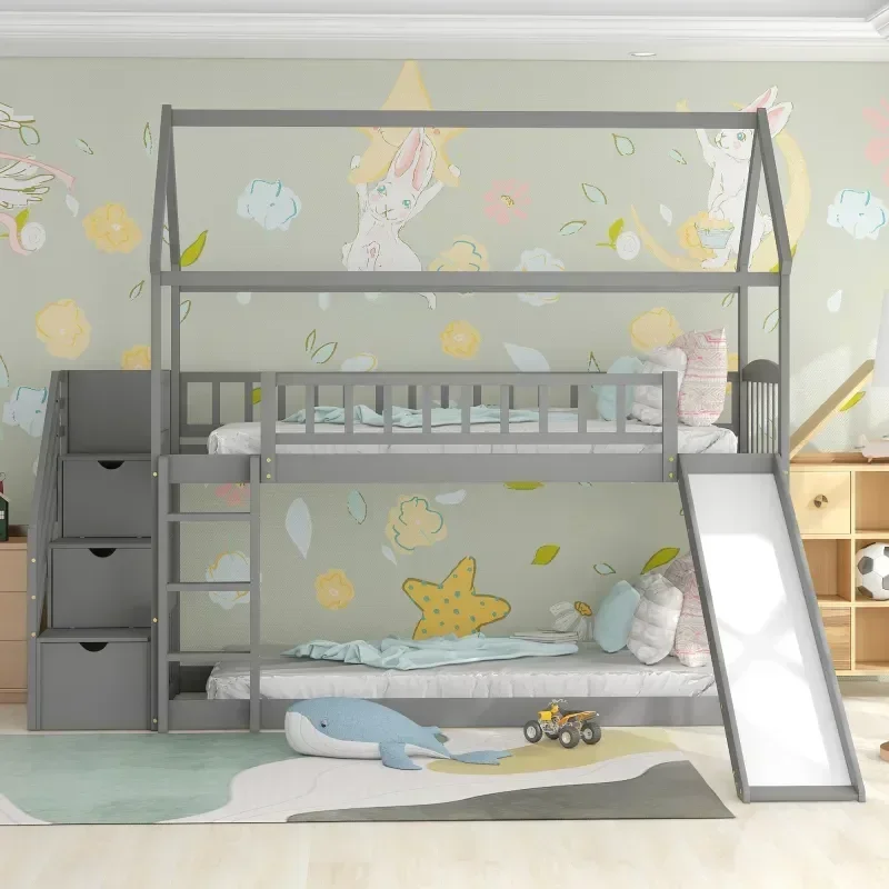 Bunk Bed With Stairs And Slide - 튼튼한 원목 소재의 어린이용 2층 침대,