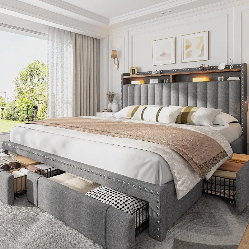 King Size Bed Frame With Storage Drawers - EnHomee 덮개형 킹사이즈 침대 프레임(수납 서랍