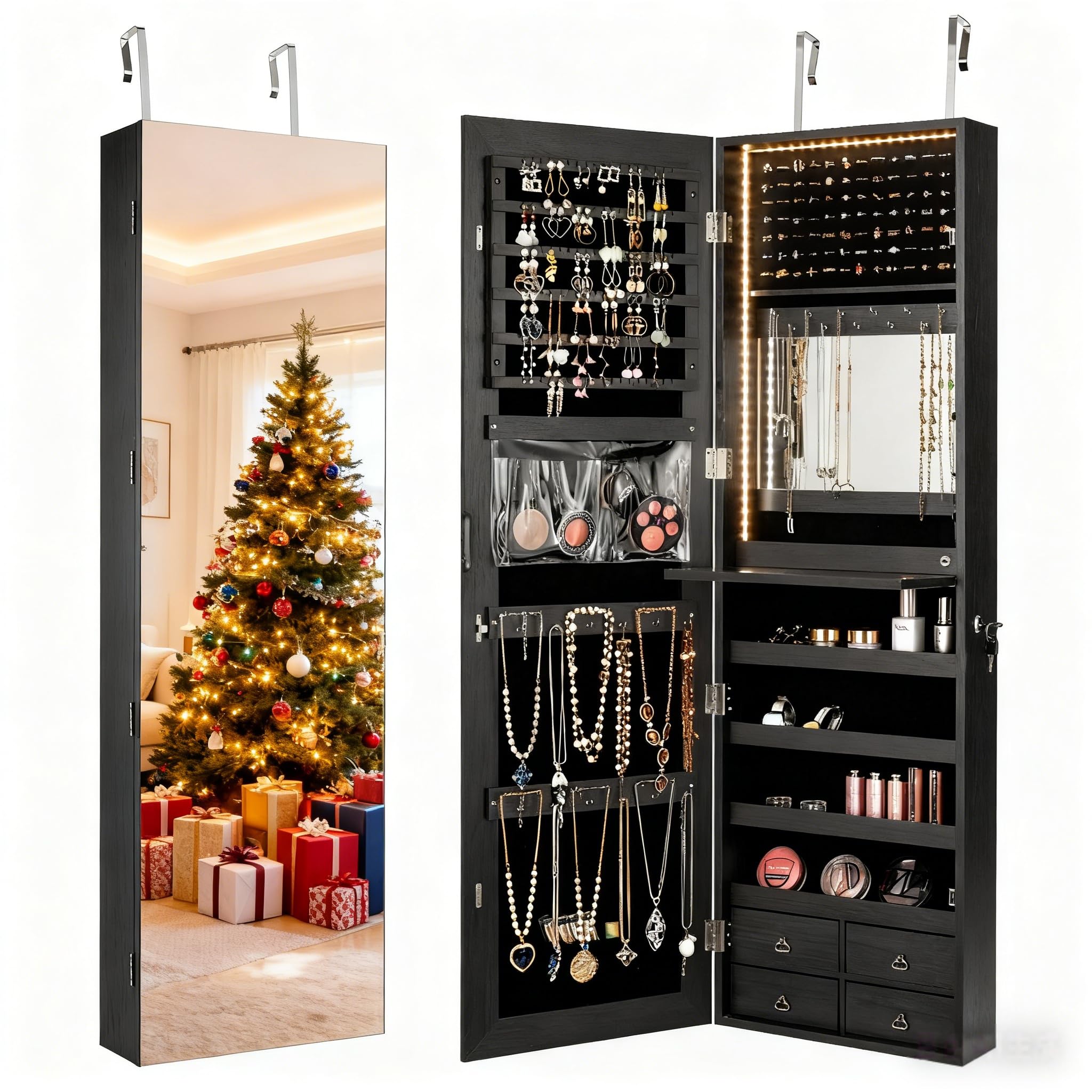 Full Length Mirror Jewelry Armoire - 47인치 LED 조명 장식용 옷장, 문/벽에