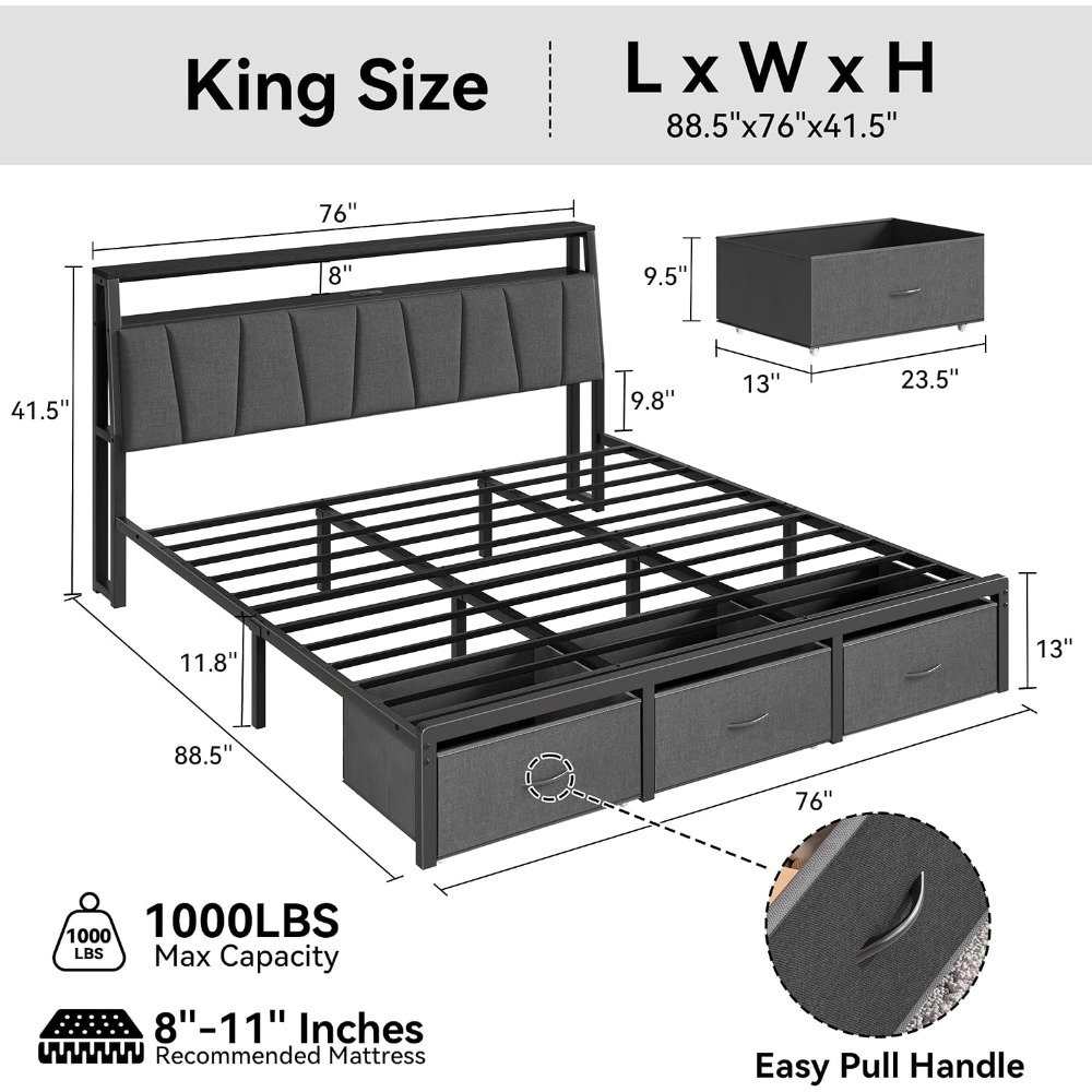 킹사이즈 침대 프레임, 수납형 헤드보드 및 3개의 서랍 - King Size Bed Frame With Storage Drawers 리뷰 및 가격