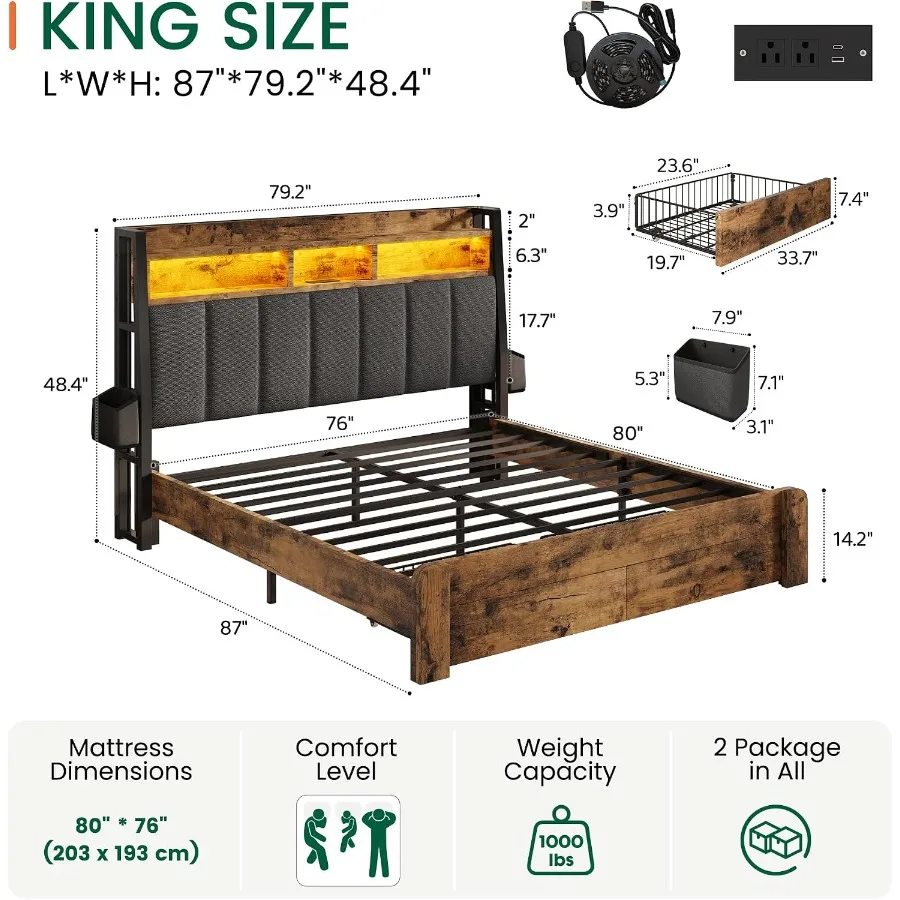 킹사이즈 침대 프레임, 2개의 수납 서랍 포함, 브라운 - King Size Bed Frame With Storage Drawers 리뷰 및 가격
