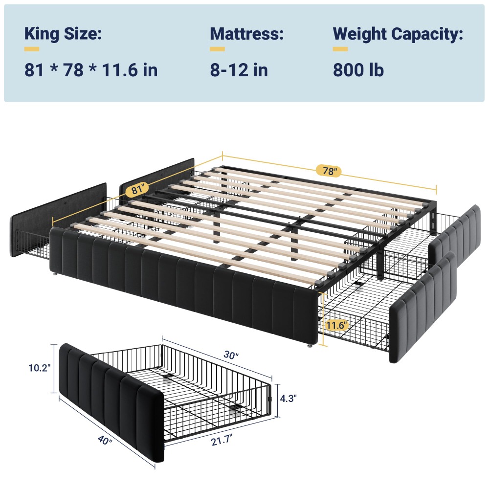 킹 사이즈 플랫폼 침대 프레임, 대형 수납 서랍 4개  - King Size Bed Frame With Storage Drawers 리뷰 및 가격