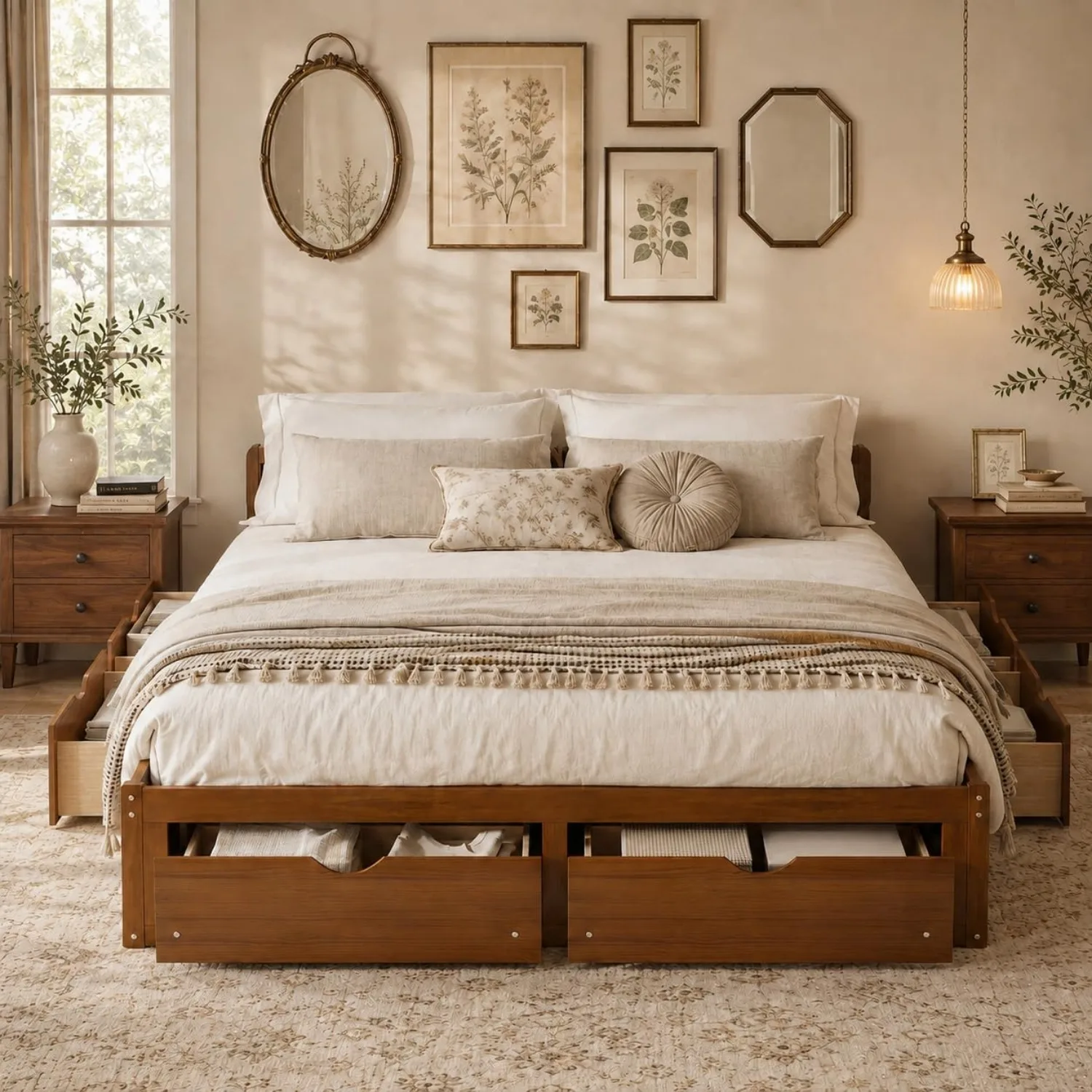 미니멀한 디자인의 소나무 소재 플랫폼 침대 프레임, 6 - King Size Bed Frame With Storage Drawers 리뷰 및 가격