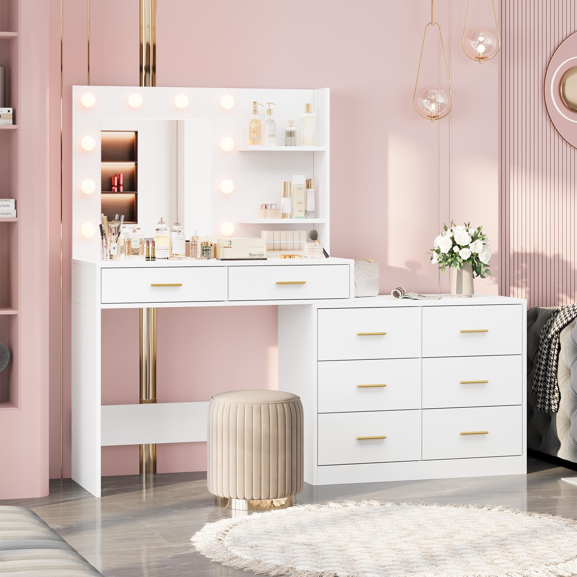 거울과 조명이 함께 제공되는 61인치 화장대, 8개의  - Dressing Table Vanity With Lighted Mirror 리뷰 및 가격