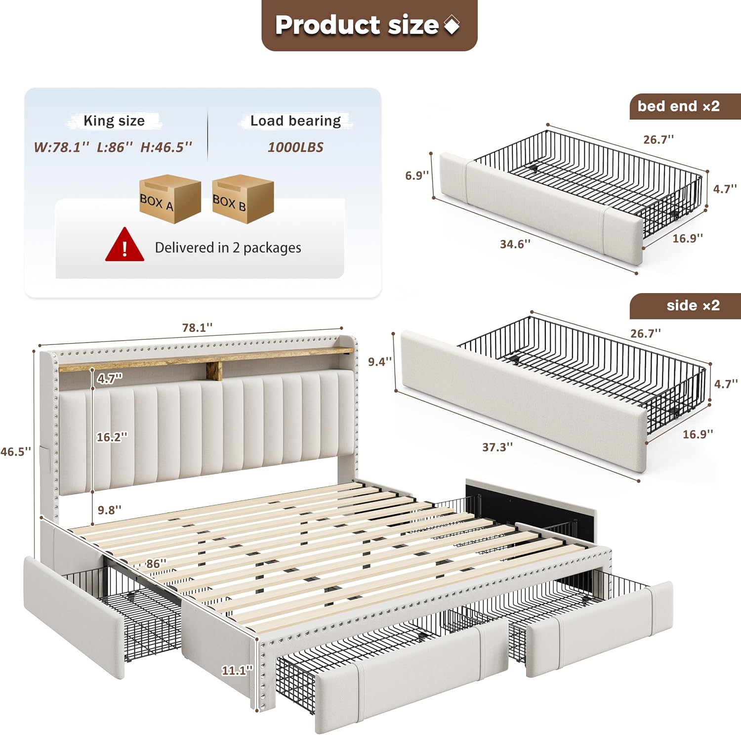 킹사이즈 침대 프레임, 수납 서랍 4개 및 수납형 헤드 - King Size Bed Frame With Storage Drawers 리뷰 및 가격