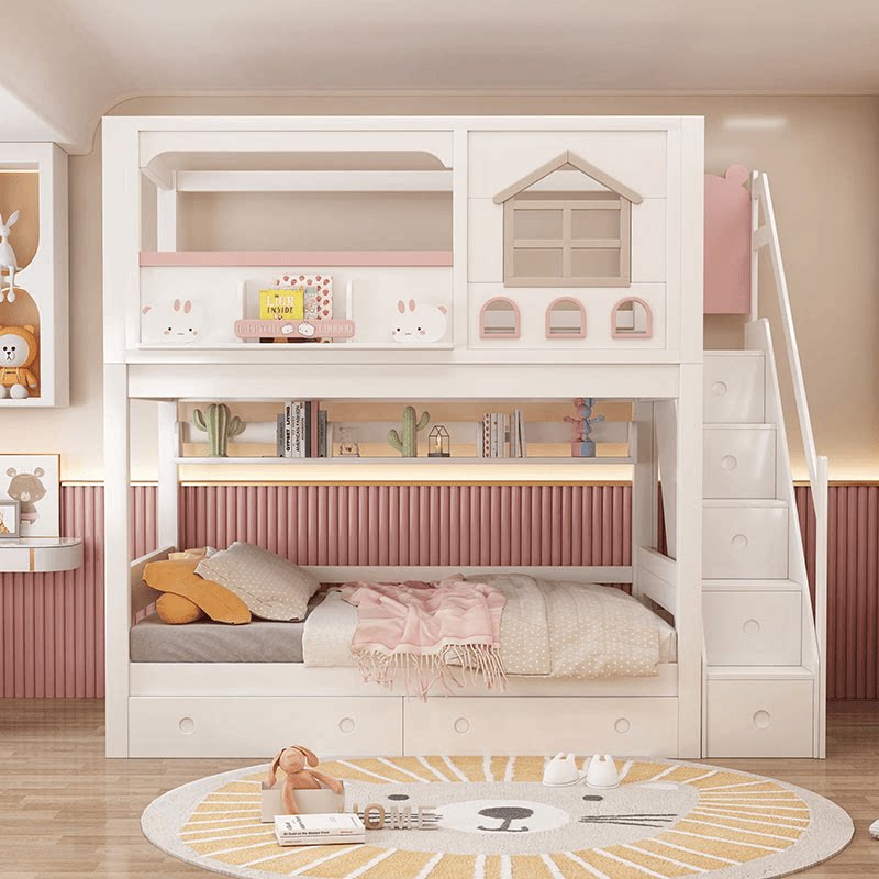 현대적인 핑크색 원목 어린이 이층 침대, 슬라이드 계단 - Bunk Bed With Stairs And Slide 리뷰 및 가격