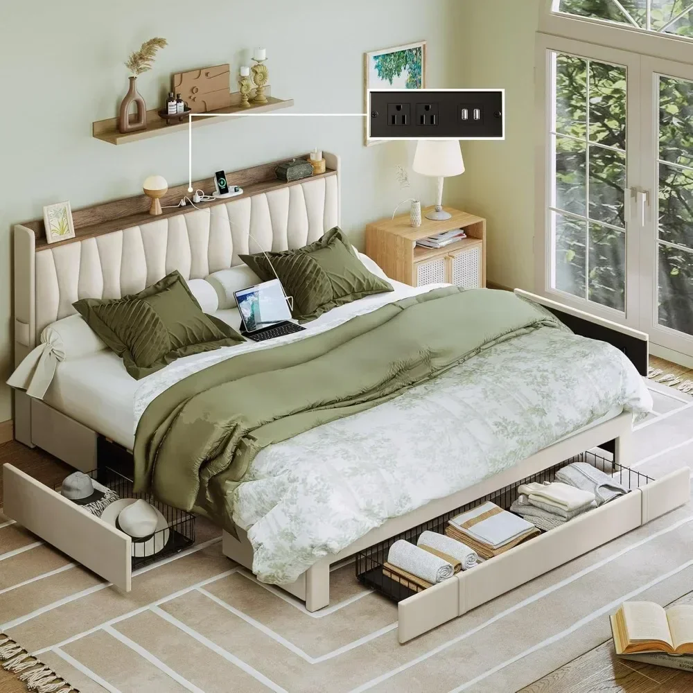 킹사이즈 침대 프레임, 수납형 헤드보드 및 충전 스테이 - King Size Bed Frame With Storage Drawers 리뷰 및 가격